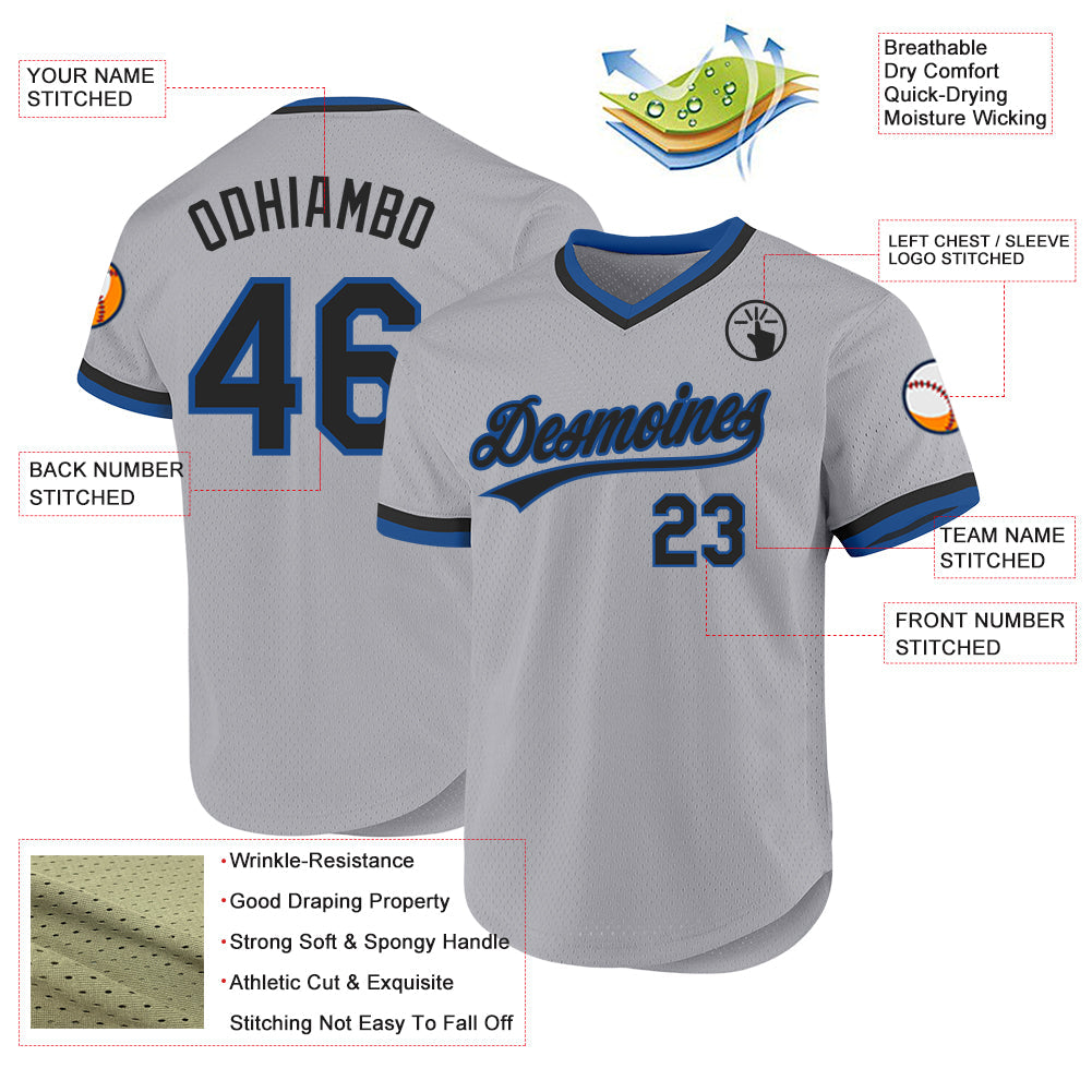 Custom Gray Black-Blue Authentic Throwback Baseball Jersey view 3