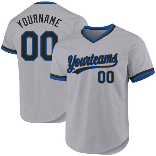 Custom Gray Black-Blue Authentic Throwback Baseball Jersey - Main View