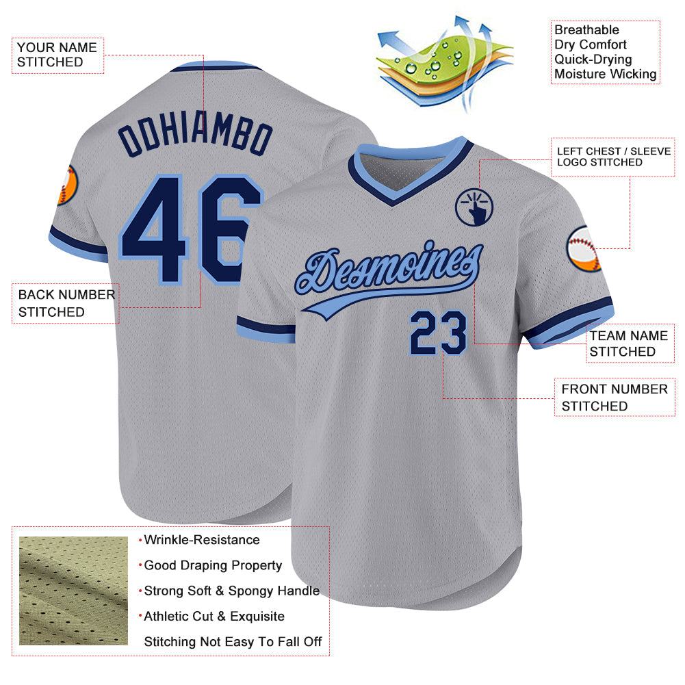Custom Gray Navy-Light Blue Authentic Throwback Baseball Jersey view 3