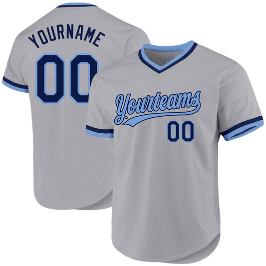 Custom Gray Navy-Light Blue Authentic Throwback Baseball Jersey - Main View