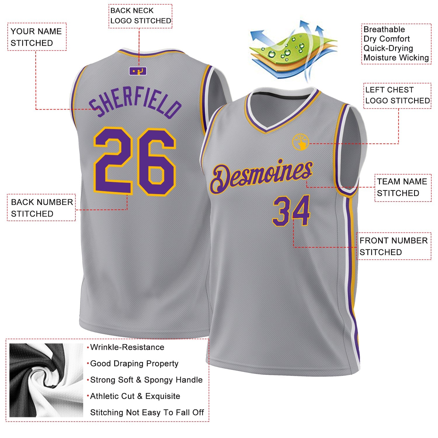 Custom Gray Purple-Gold Authentic Throwback Basketball Jersey view 3
