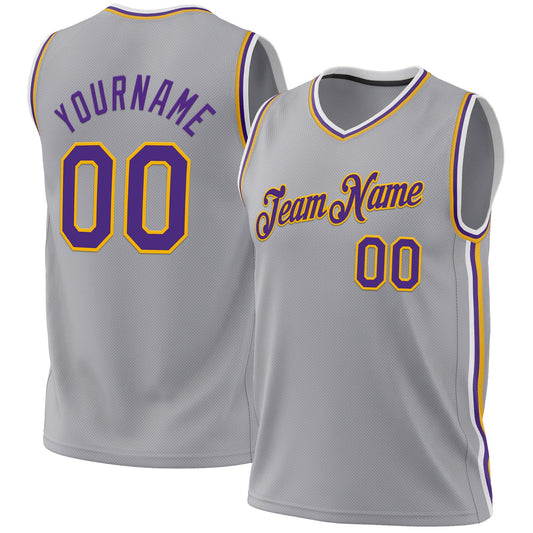 Custom Gray Purple-Gold Authentic Throwback Basketball Jersey - Main View