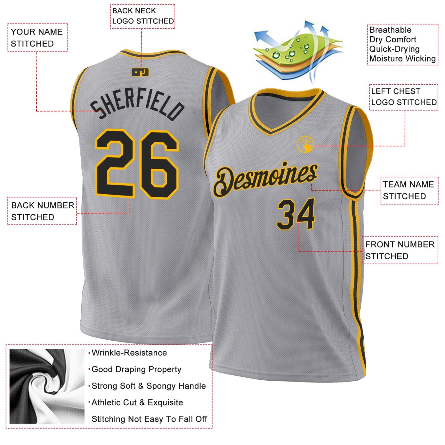 Custom Gray Black-Gold Authentic Throwback Basketball Jersey view 3