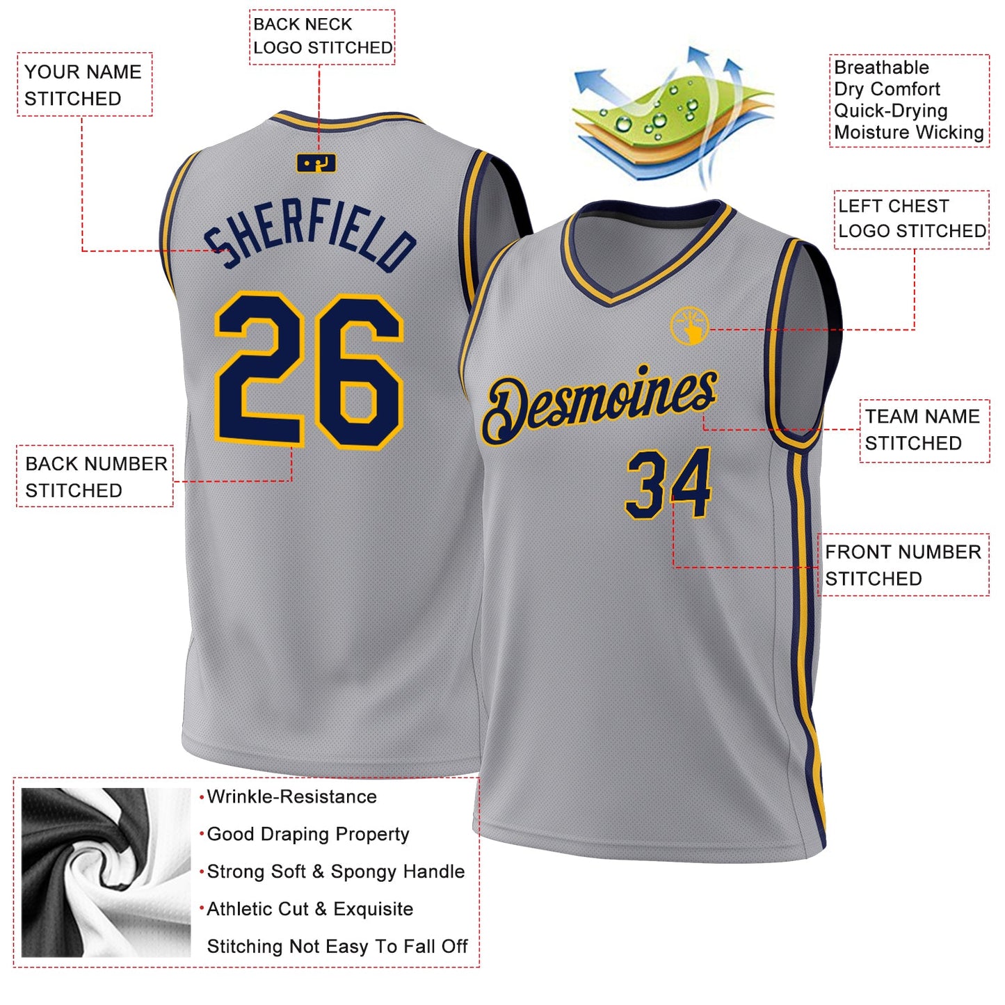 Custom Gray Navy-Gold Authentic Throwback Basketball Jersey view 3