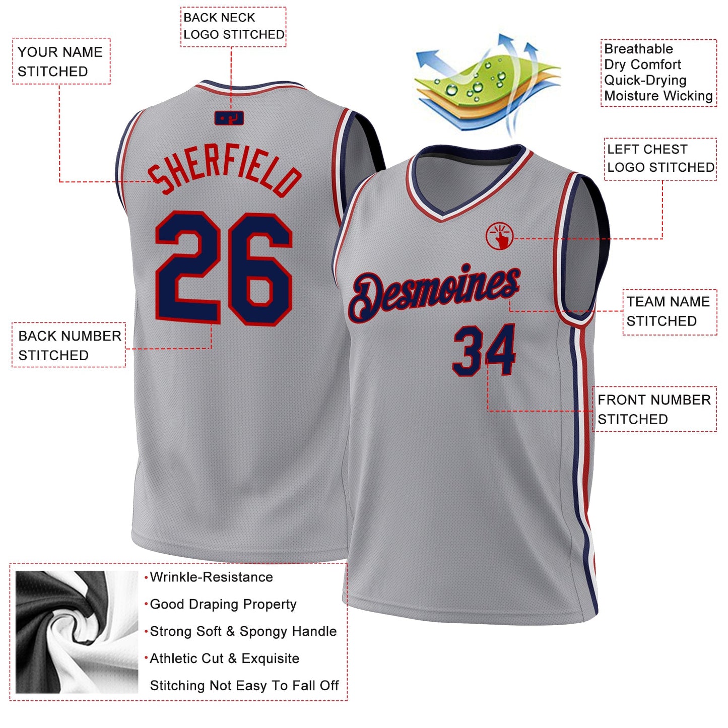 Custom Gray Navy-Red Authentic Throwback Basketball Jersey view 3
