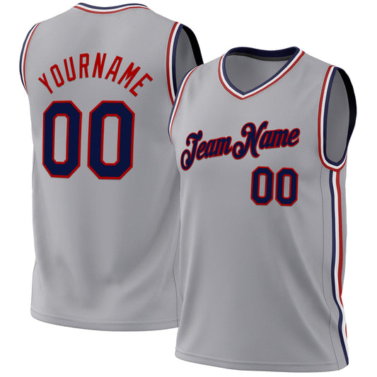 Custom Gray Navy-Red Authentic Throwback Basketball Jersey - Main View