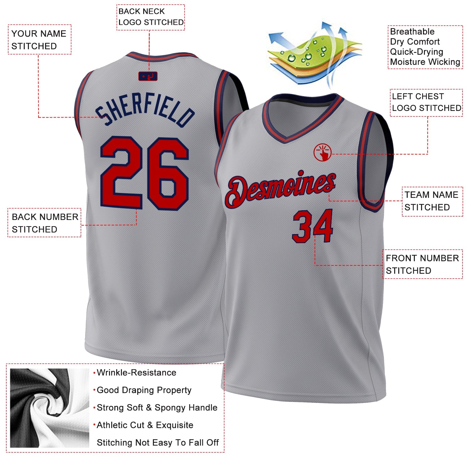 Custom Gray Red-Navy Authentic Throwback Basketball Jersey view 3