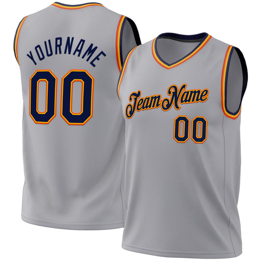 Custom Gray Navy Gold-Orange Authentic Throwback Basketball Jersey - Main View