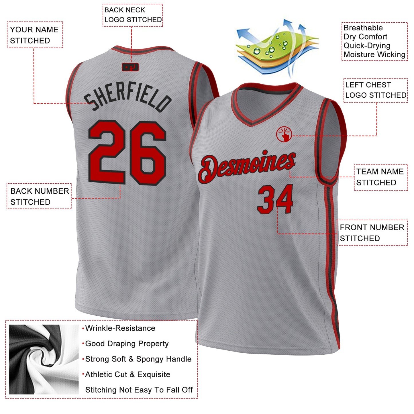 Custom Gray Red-Black Authentic Throwback Basketball Jersey view 3