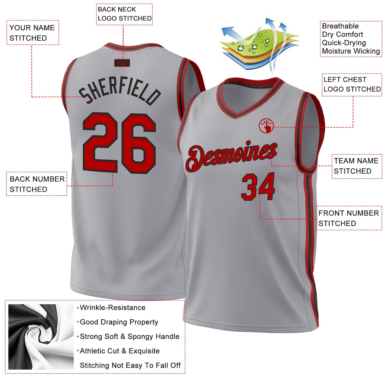 Custom Gray Red-Black Authentic Throwback Basketball Jersey view 3