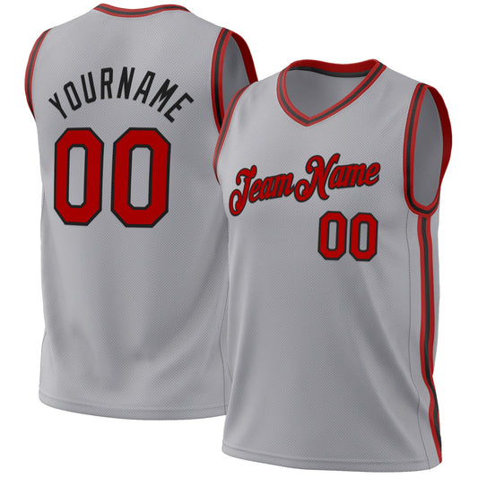 Custom Gray Red-Black Authentic Throwback Basketball Jersey - Main View