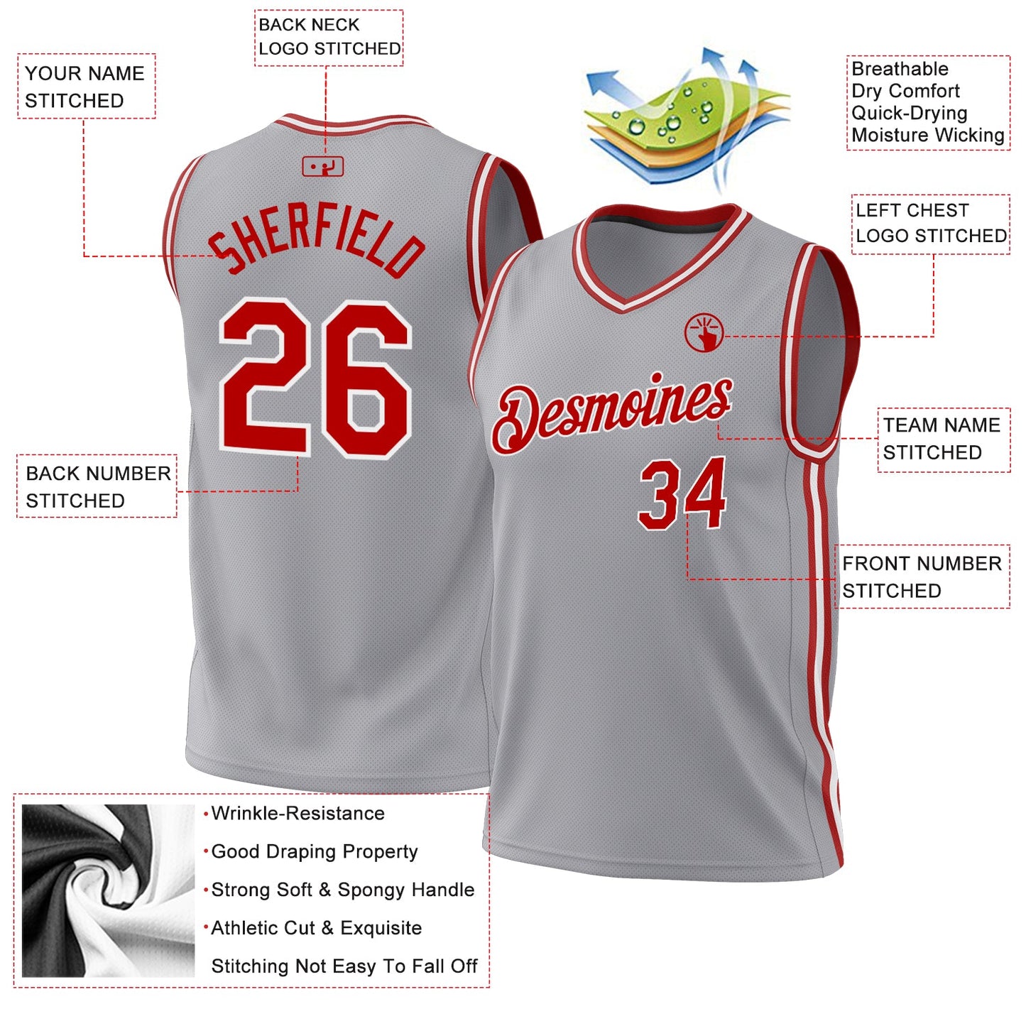 Custom Gray Red-White Authentic Throwback Basketball Jersey view 3