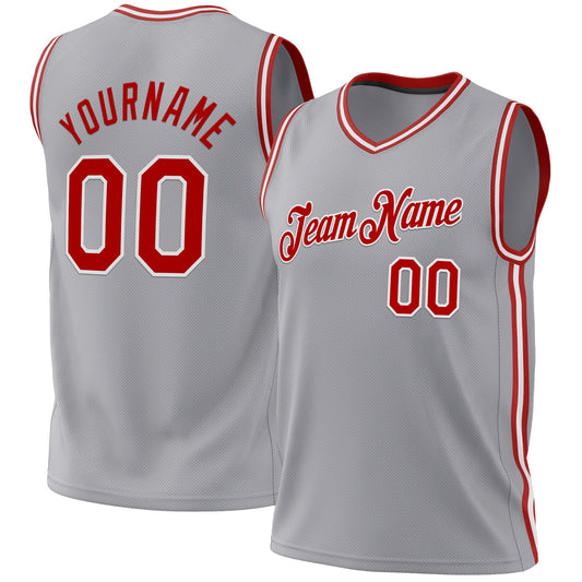 Custom Gray Red-White Authentic Throwback Basketball Jersey - Main View