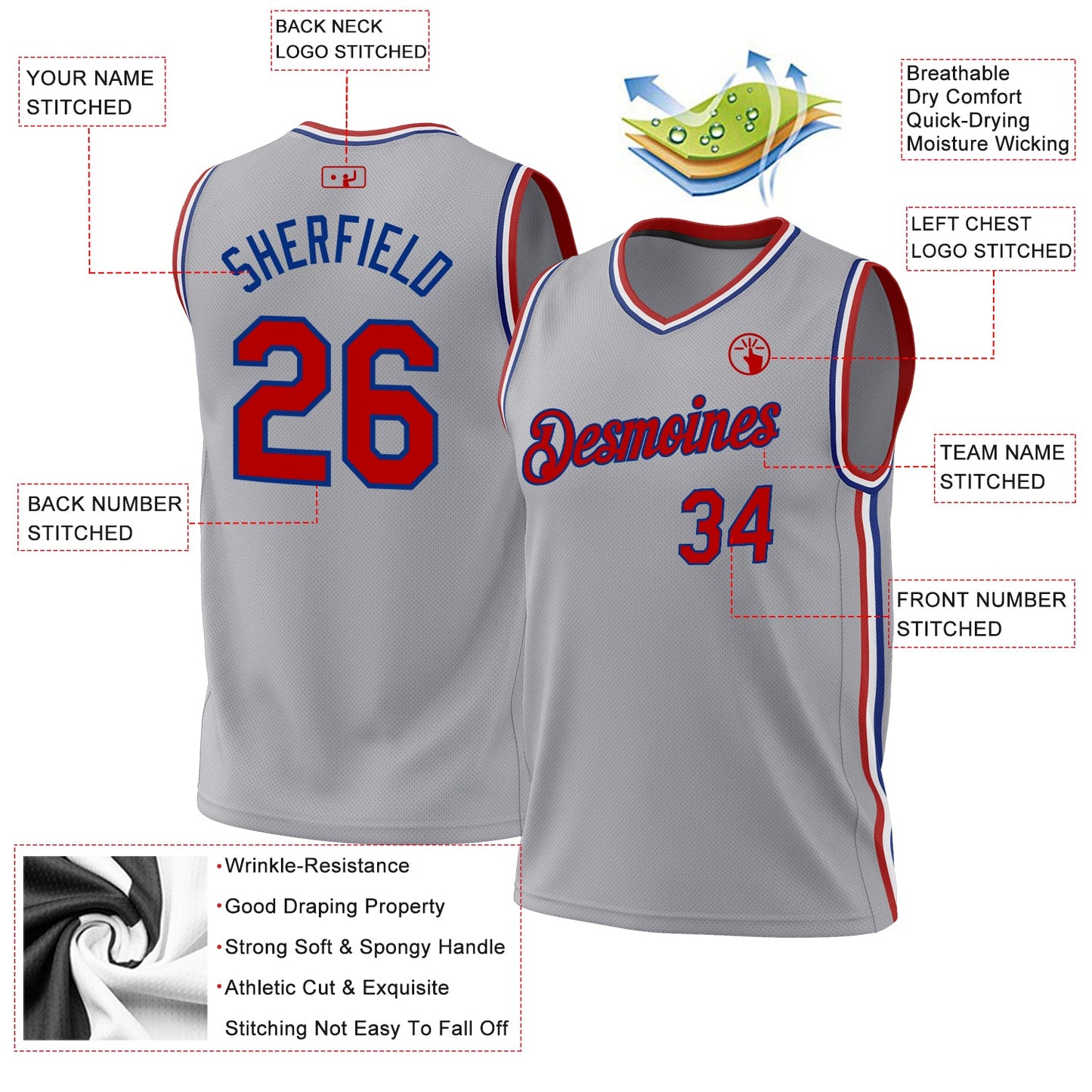 Custom Gray Red-Royal Authentic Throwback Basketball Jersey view 3