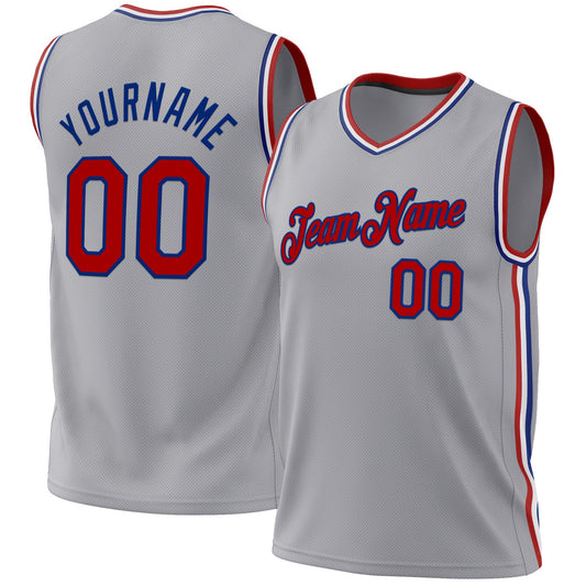 Custom Gray Red-Royal Authentic Throwback Basketball Jersey - Main View
