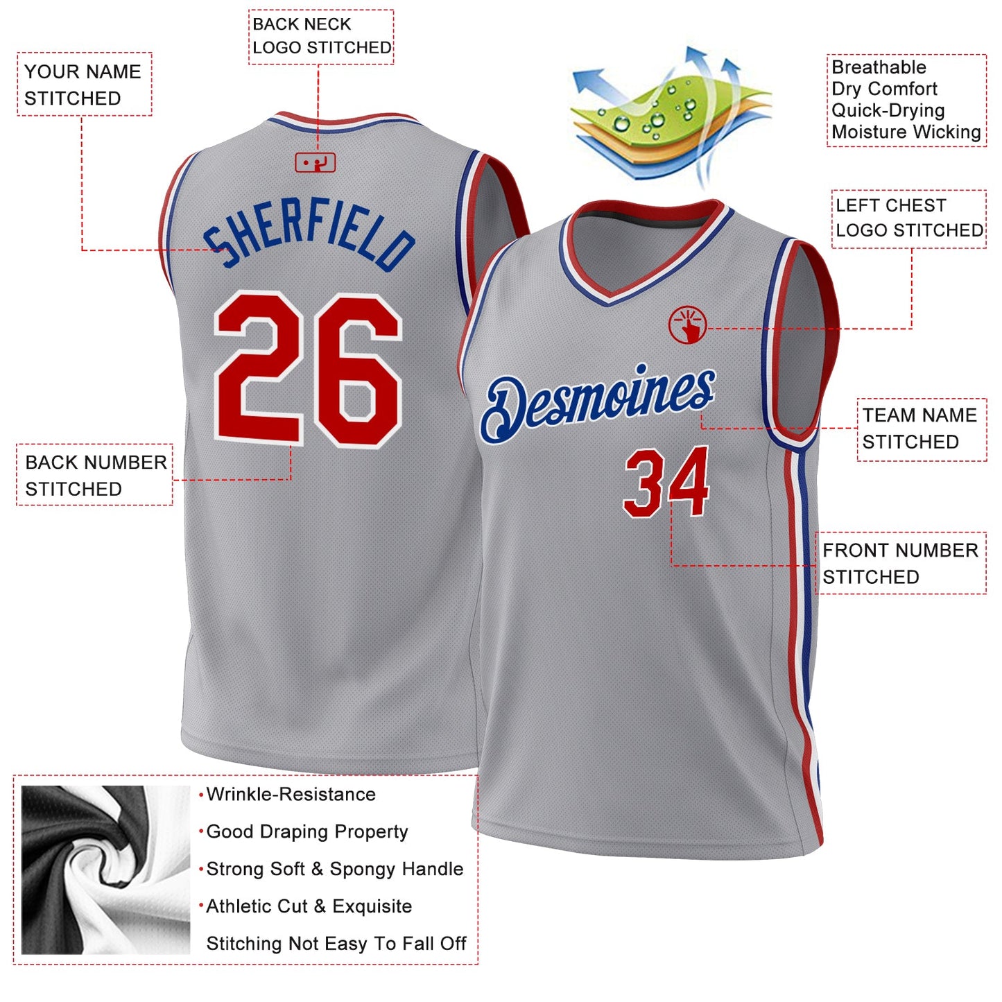 Custom Gray Red-Royal Authentic Throwback Basketball Jersey view 3