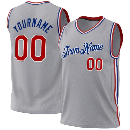 Custom Gray Red-Royal Authentic Throwback Basketball Jersey - Main View