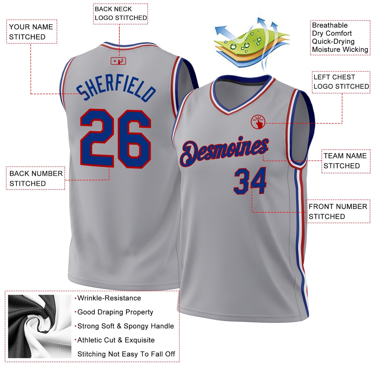 Custom Gray Royal-Red Authentic Throwback Basketball Jersey view 3