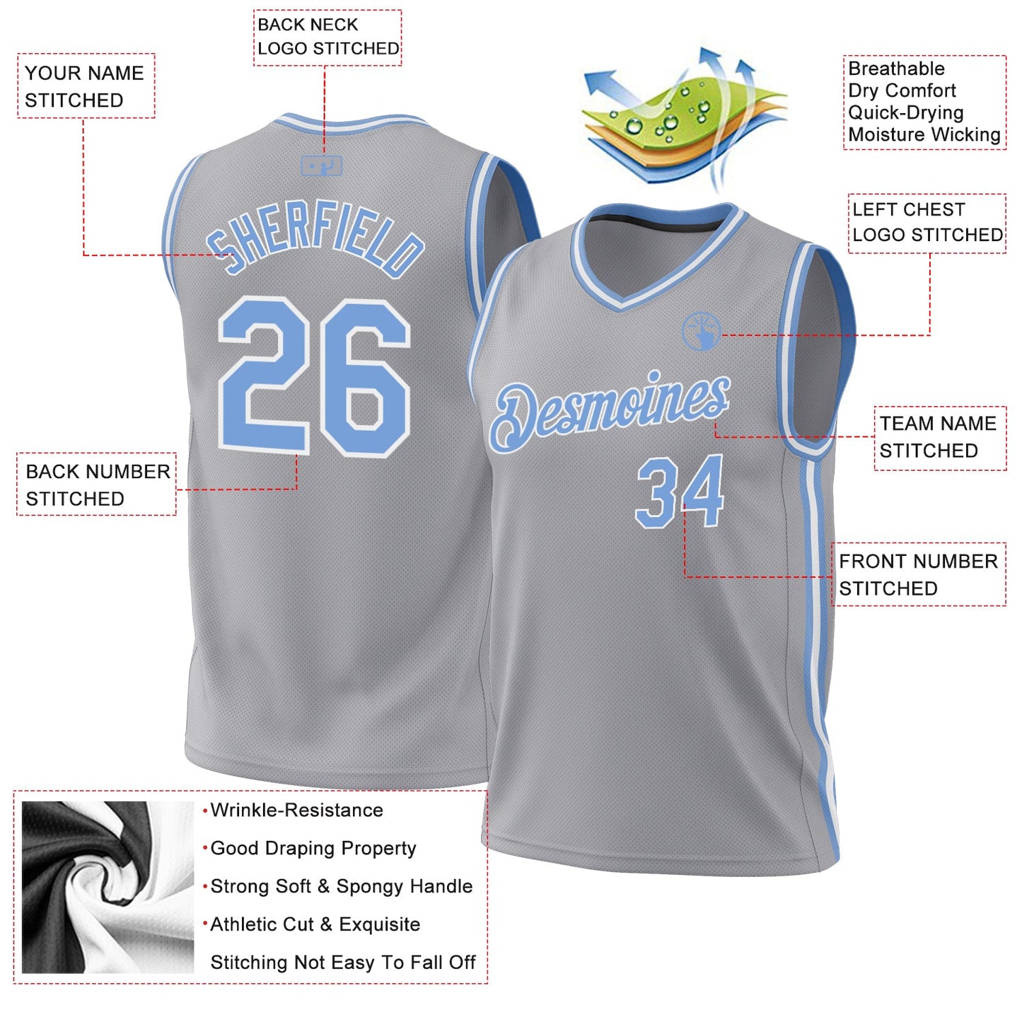 Custom Gray Light Blue-White Authentic Throwback Basketball Jersey view 3