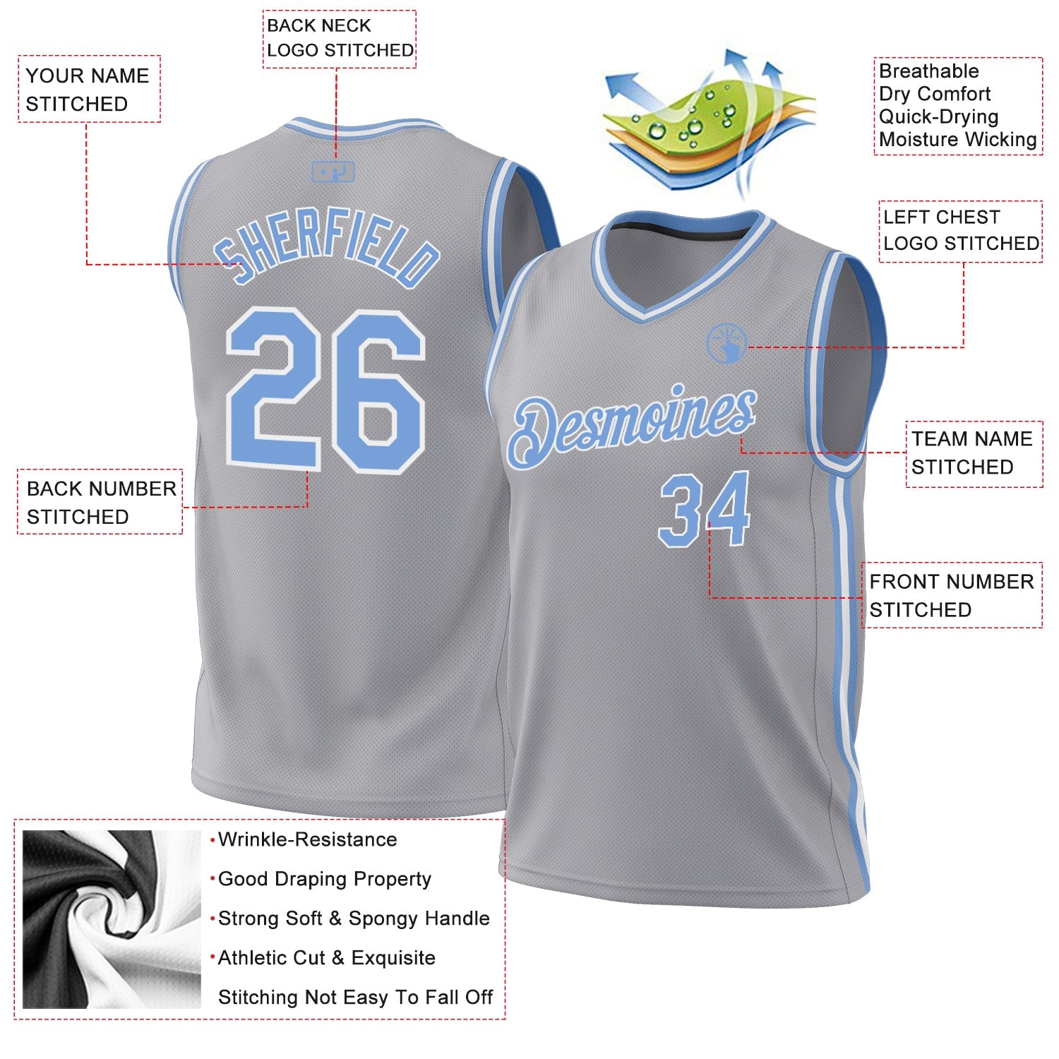 Custom Gray Light Blue-White Authentic Throwback Basketball Jersey view 3