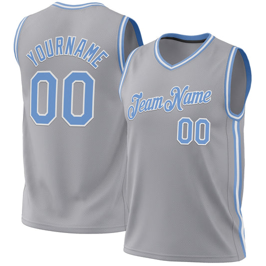 Custom Gray Light Blue-White Authentic Throwback Basketball Jersey - Main View