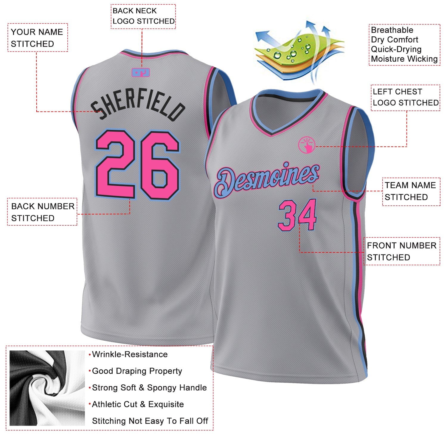 Custom Gray Pink Black-Light Blue Authentic Throwback Basketball Jersey view 3