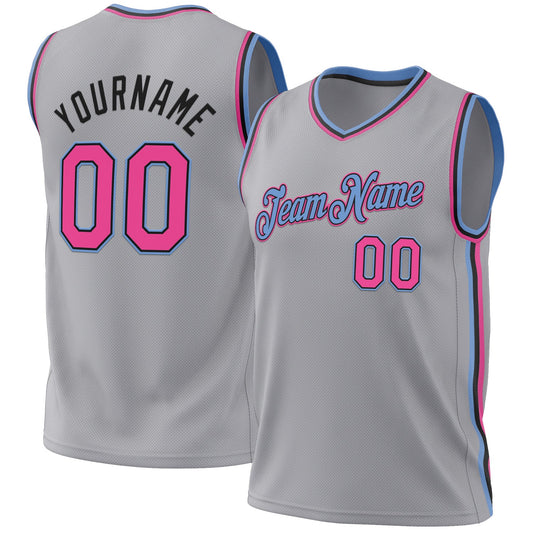 Custom Gray Pink Black-Light Blue Authentic Throwback Basketball Jersey - Main View