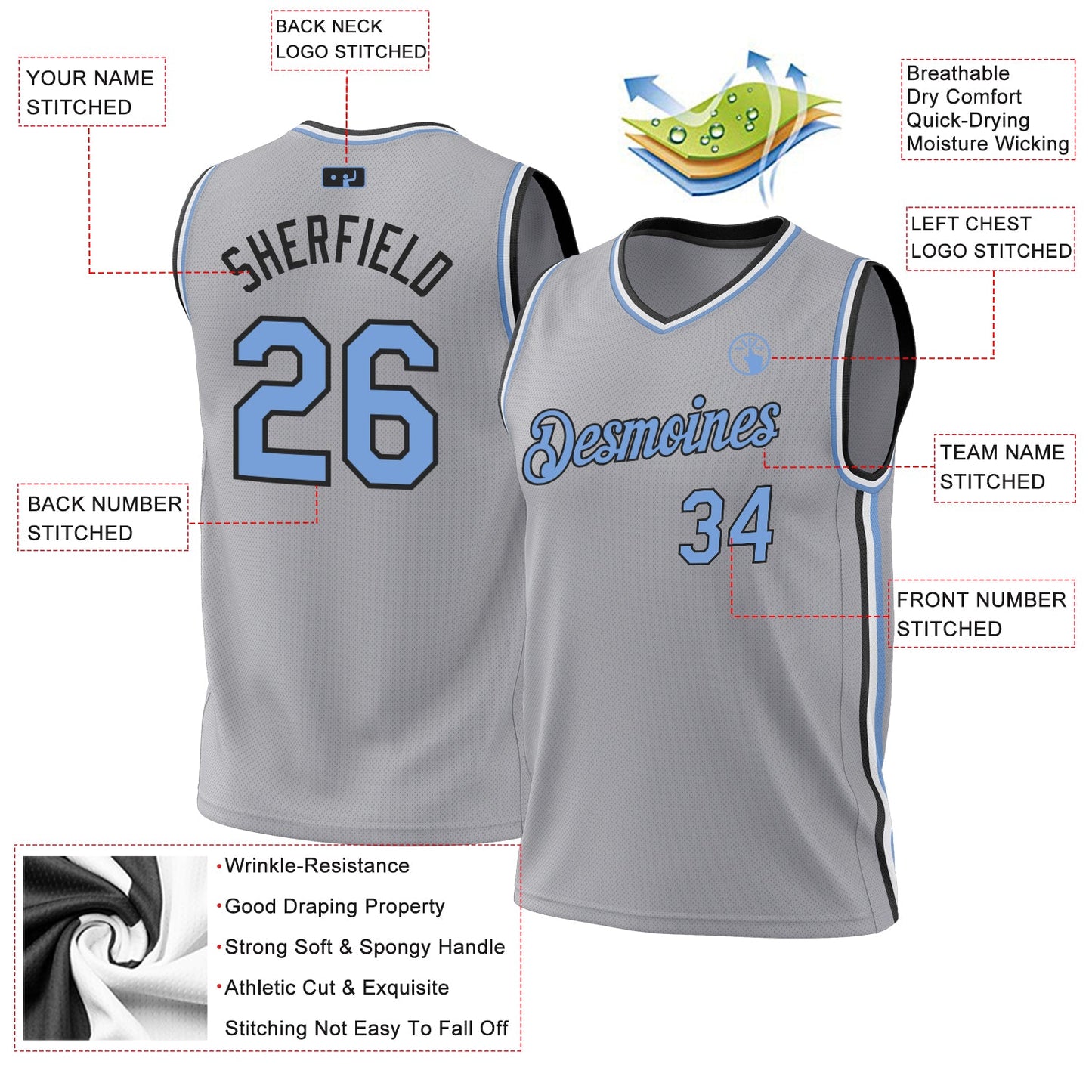 Custom Gray Light Blue-Black Authentic Throwback Basketball Jersey view 3