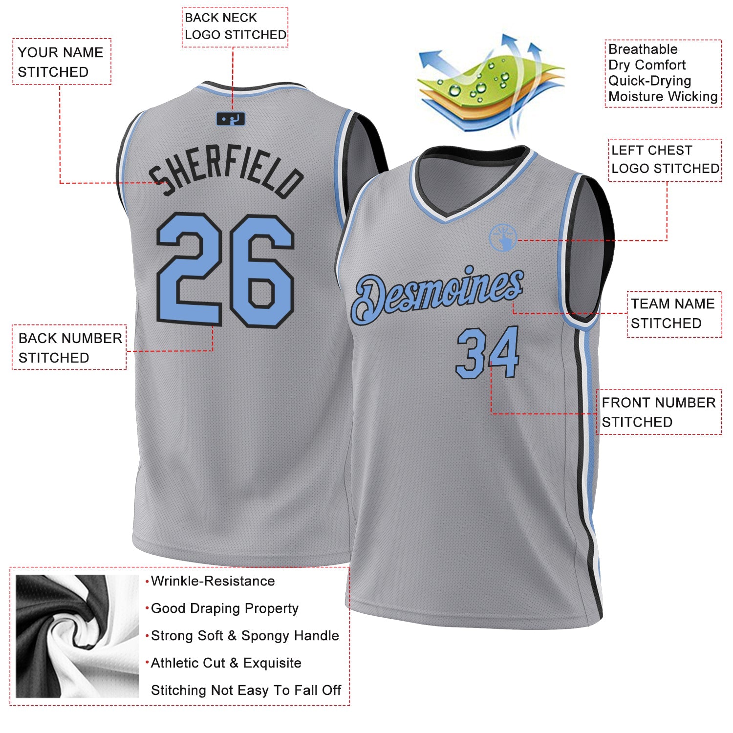 Custom Gray Light Blue-Black Authentic Throwback Basketball Jersey view 3