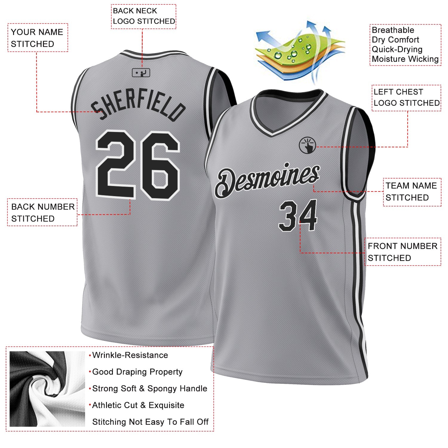Custom Gray Black-White Authentic Throwback Basketball Jersey view 3