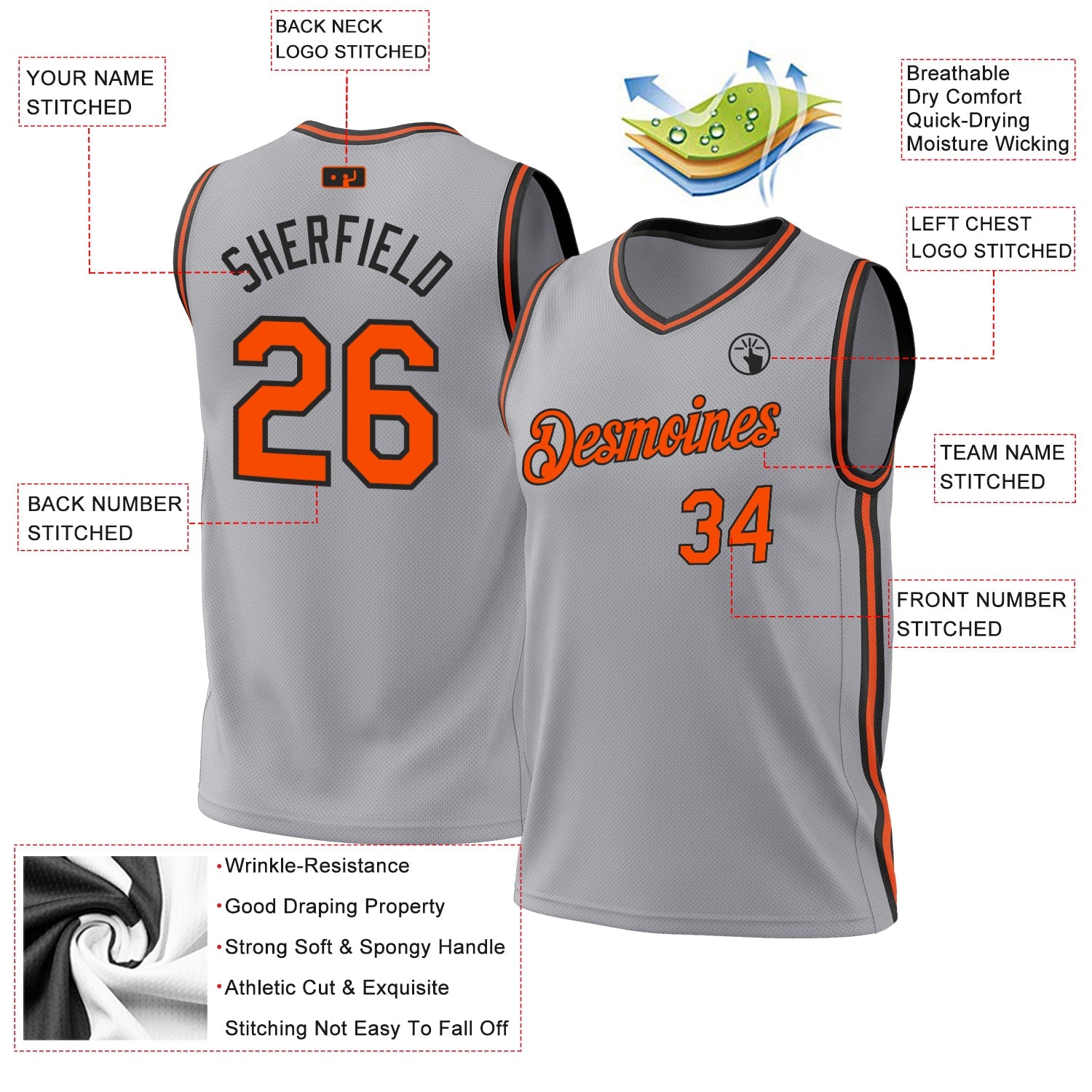 Custom Gray Orange-Black Authentic Throwback Basketball Jersey view 3
