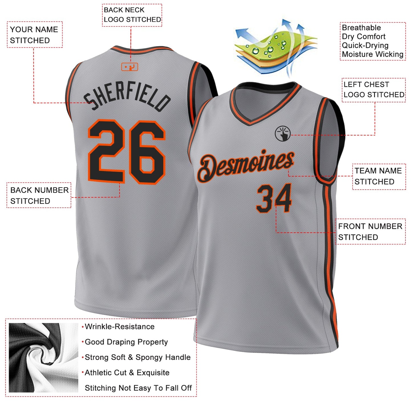 Custom Gray Black-Orange Authentic Throwback Basketball Jersey view 3