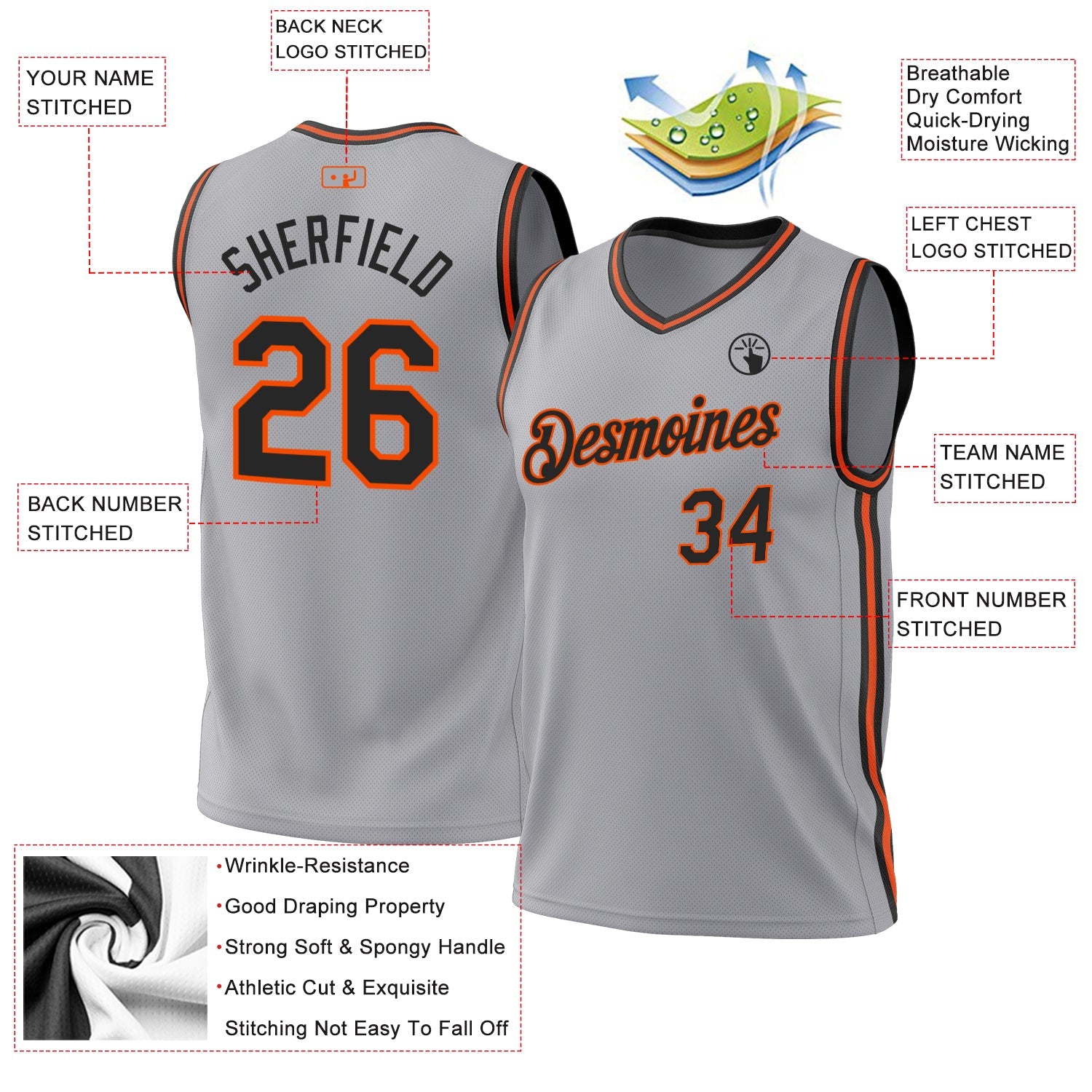 Custom Gray Black-Orange Authentic Throwback Basketball Jersey view 3