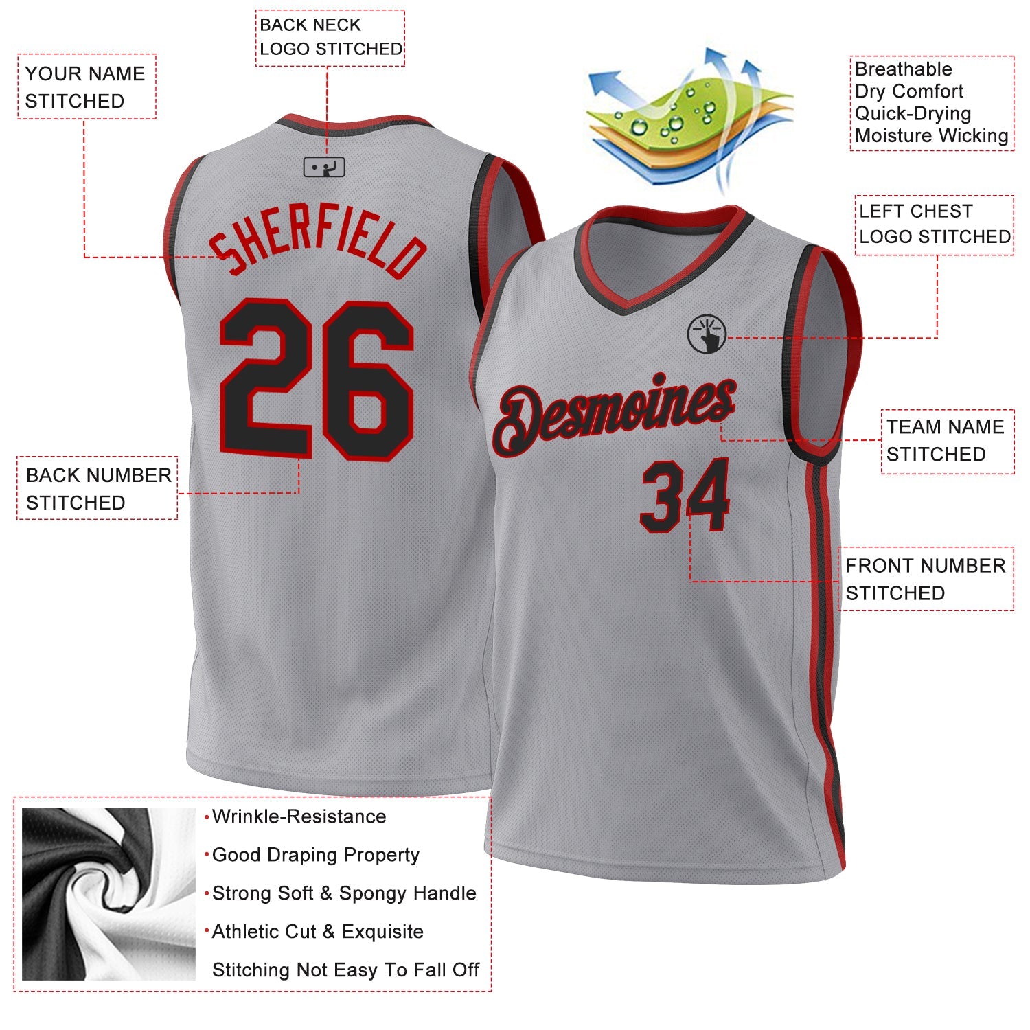 Custom Gray Black-Red Authentic Throwback Basketball Jersey view 3