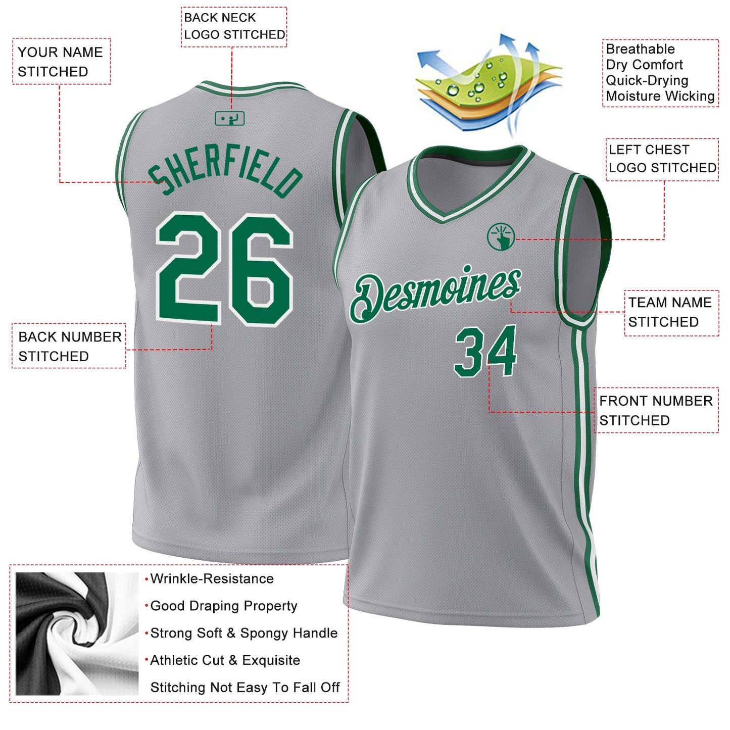 Custom Gray Kelly Green-White Authentic Throwback Basketball Jersey view 3
