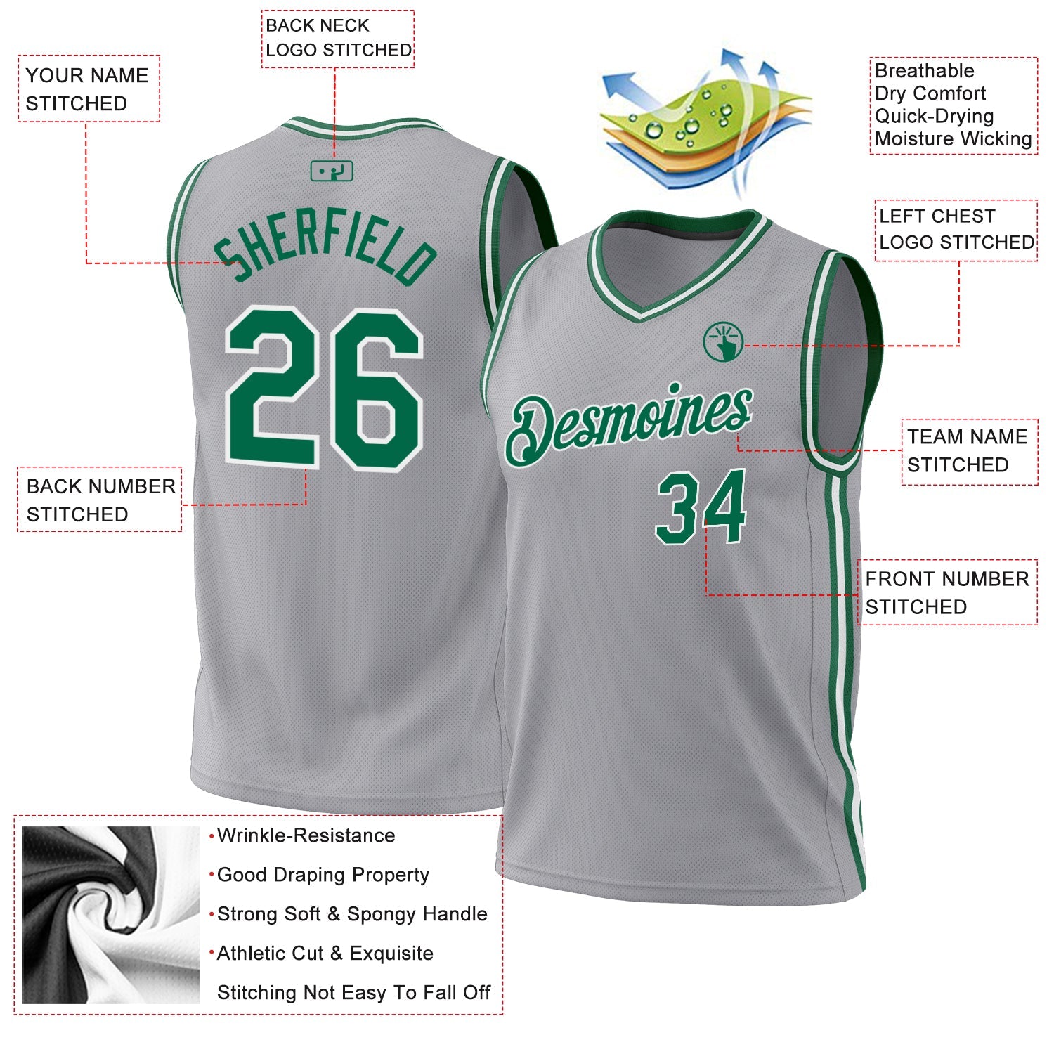 Custom Gray Kelly Green-White Authentic Throwback Basketball Jersey view 3