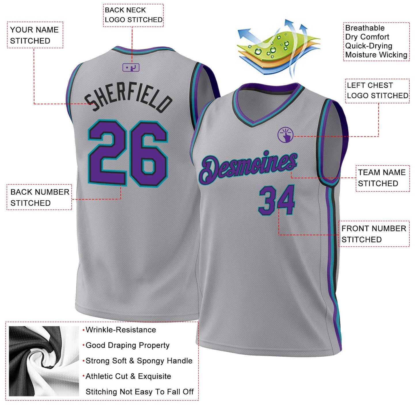 Custom Gray Purple Black-Teal Authentic Throwback Basketball Jersey view 3