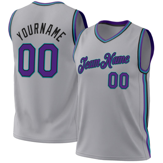 Custom Gray Purple Black-Teal Authentic Throwback Basketball Jersey - Main View