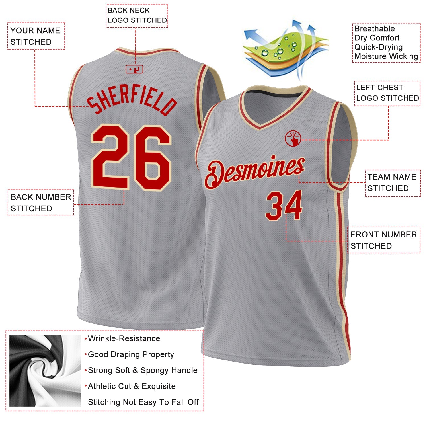 Custom Gray Red-Cream Authentic Throwback Basketball Jersey view 3