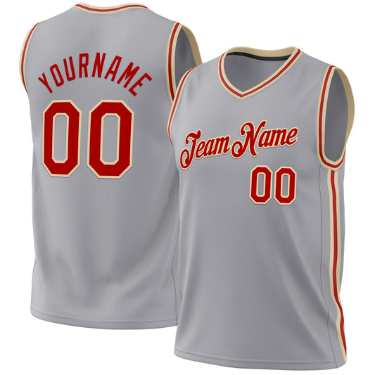 Custom Gray Red-Cream Authentic Throwback Basketball Jersey - Main View