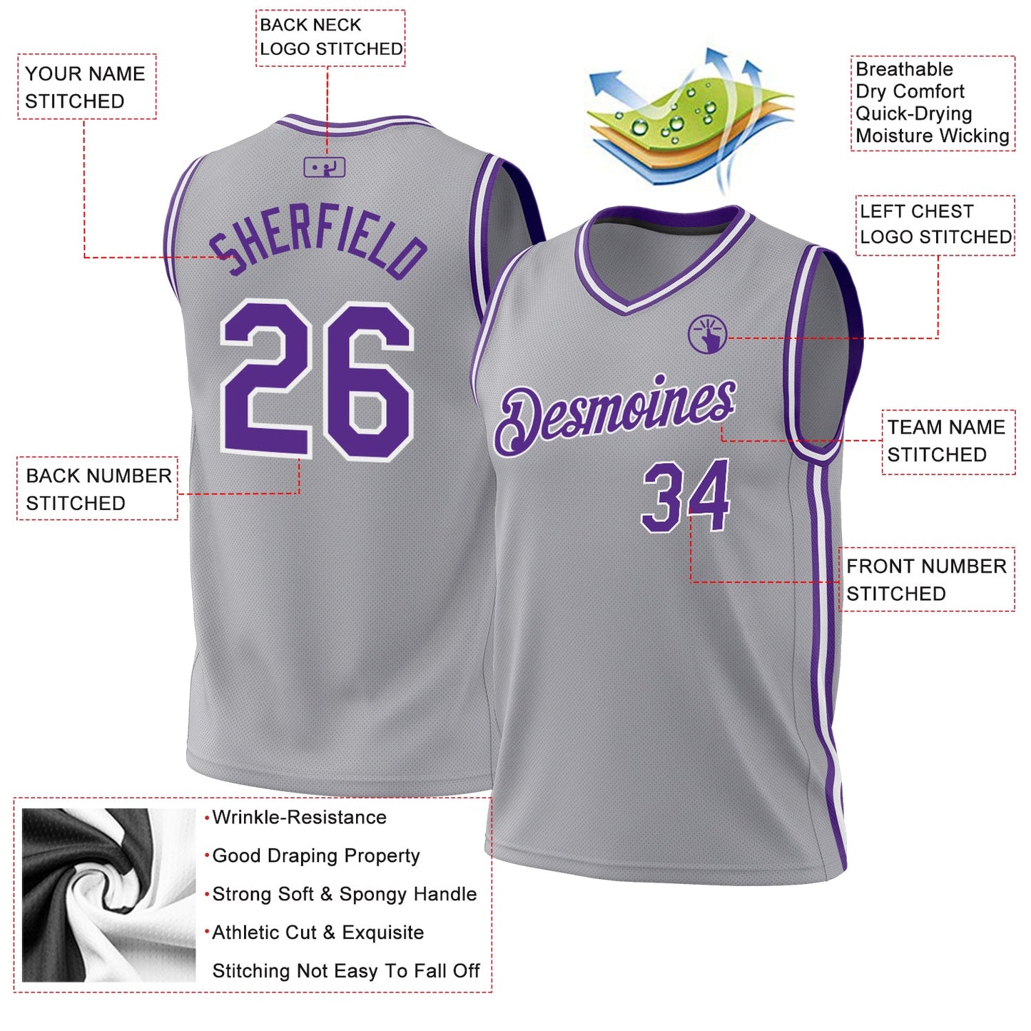 Custom Gray Purple-White Authentic Throwback Basketball Jersey view 3