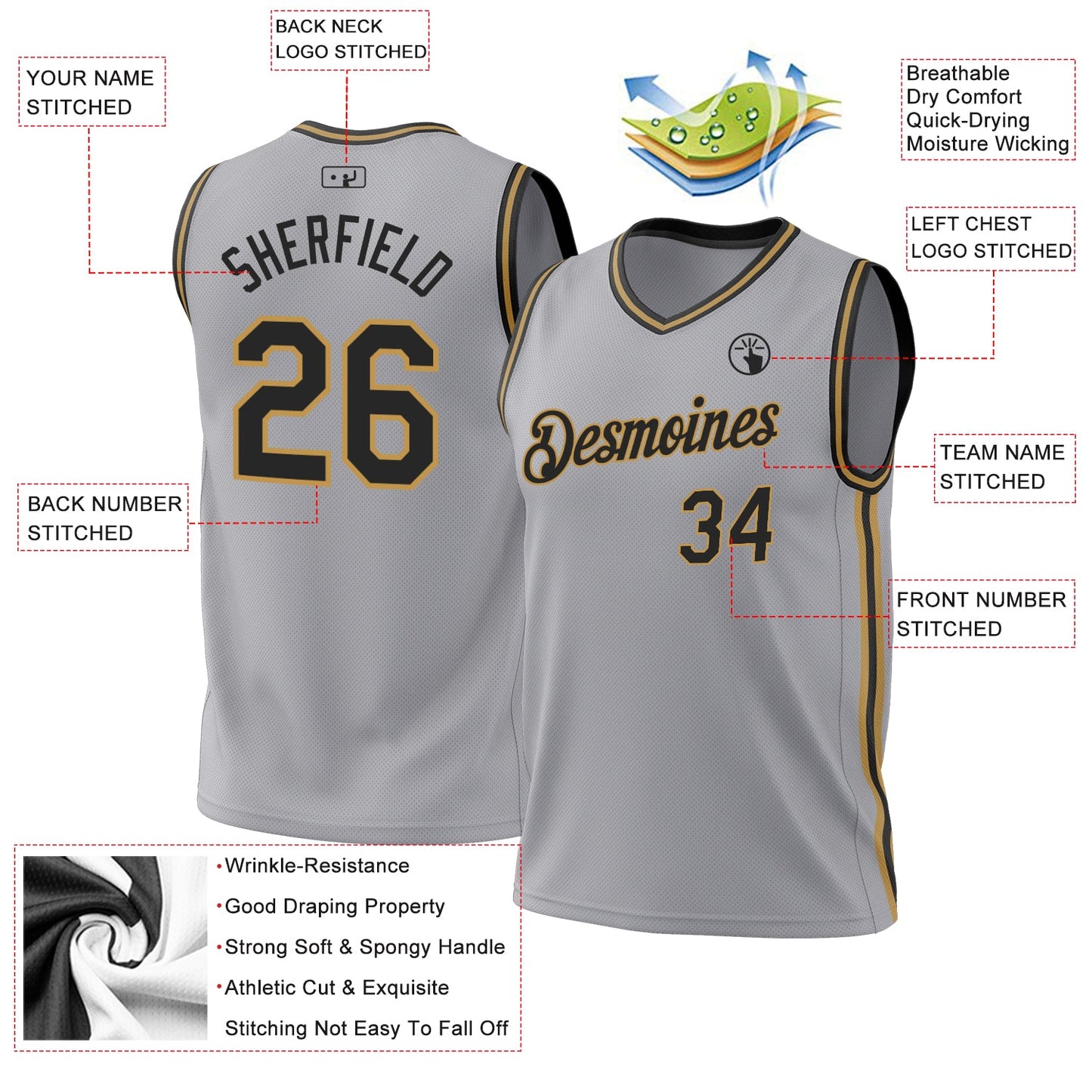 Custom Gray Black-Old Gold Authentic Throwback Basketball Jersey view 3