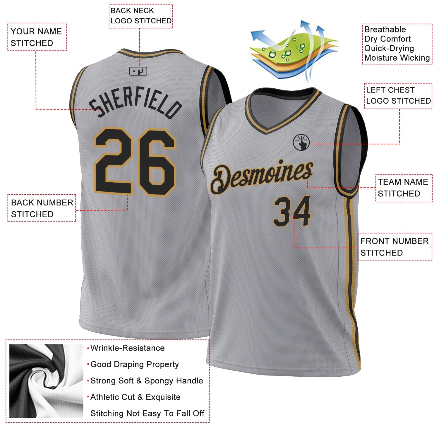 Custom Gray Black-Old Gold Authentic Throwback Basketball Jersey view 3