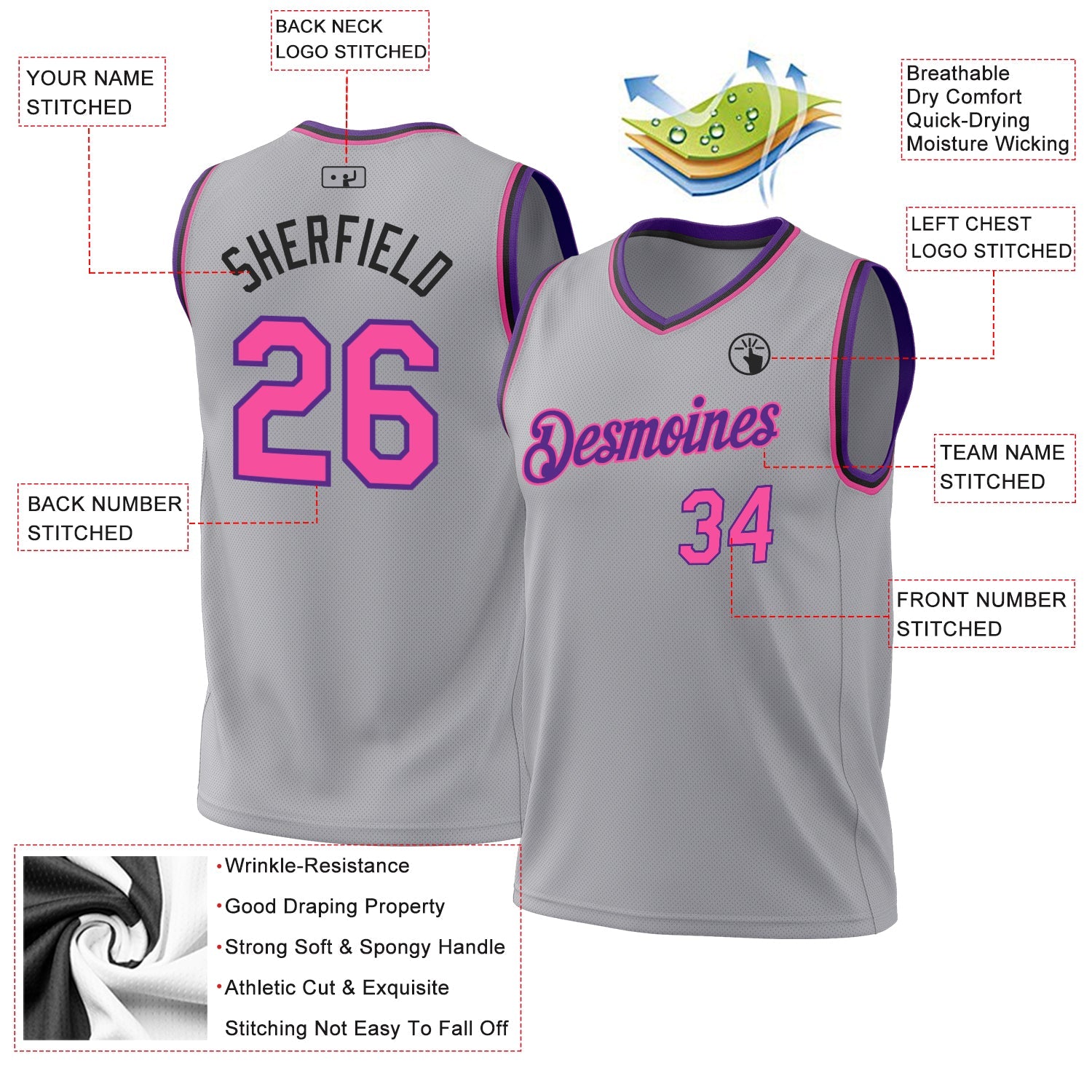 Custom Gray Pink Purple-Black Authentic Throwback Basketball Jersey view 3