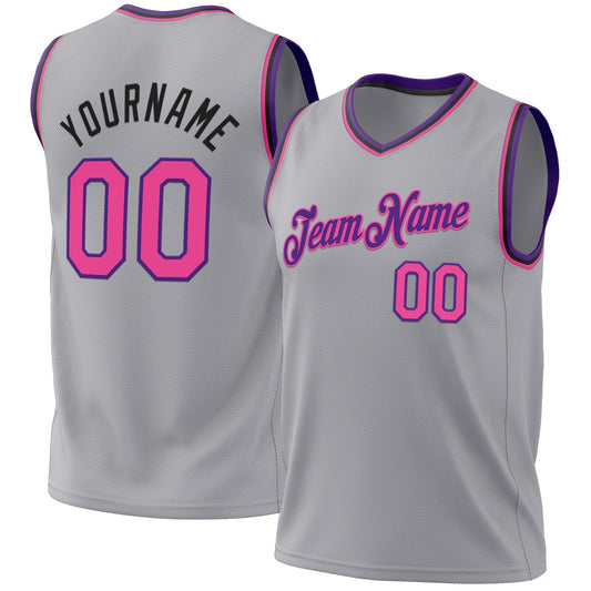 Custom Gray Pink Purple-Black Authentic Throwback Basketball Jersey - Main View