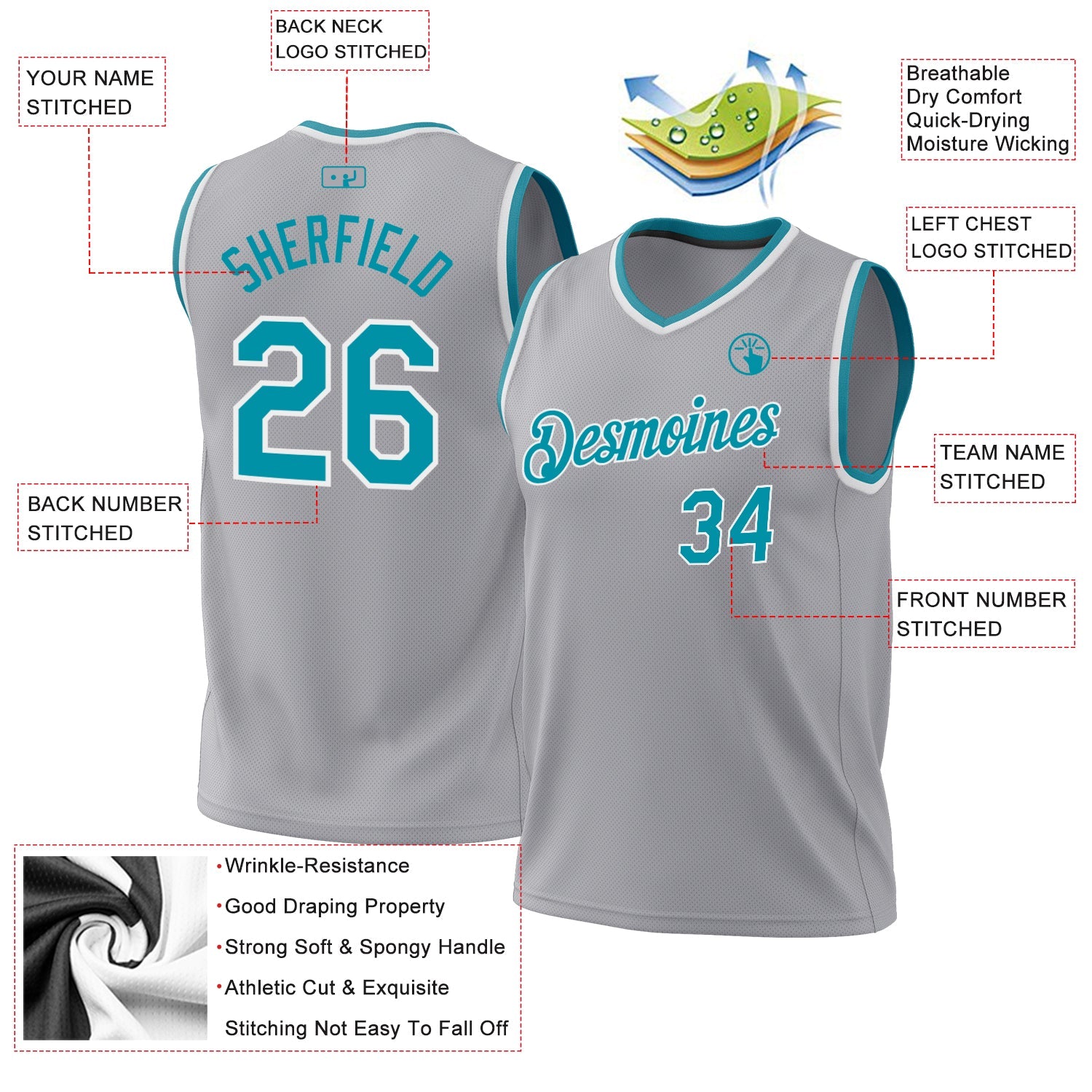 Custom Gray Teal-White Authentic Throwback Basketball Jersey view 3