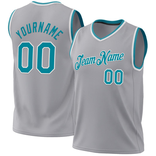 Custom Gray Teal-White Authentic Throwback Basketball Jersey - Main View
