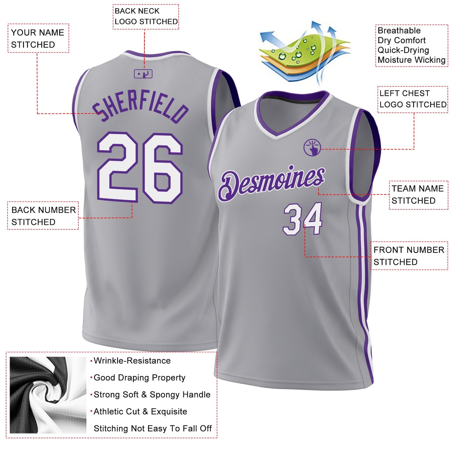 Custom Gray White-Purple Authentic Throwback Basketball Jersey view 3