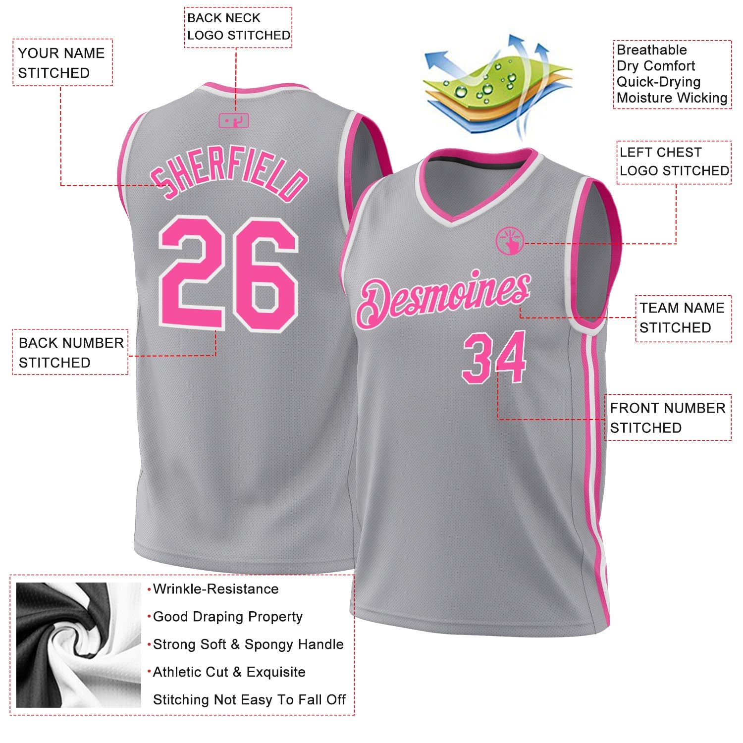 Custom Gray Pink-White Authentic Throwback Basketball Jersey view 3