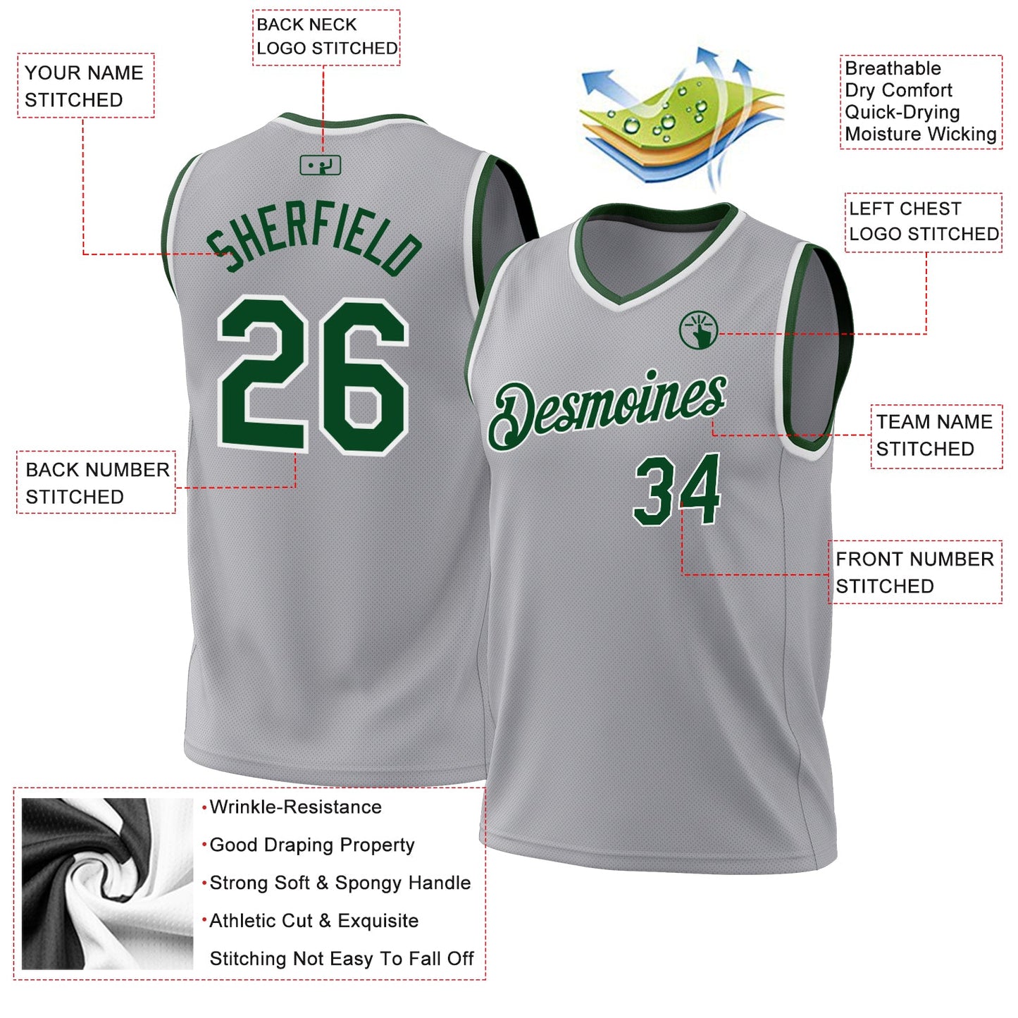 Custom Gray Green-White Authentic Throwback Basketball Jersey view 3